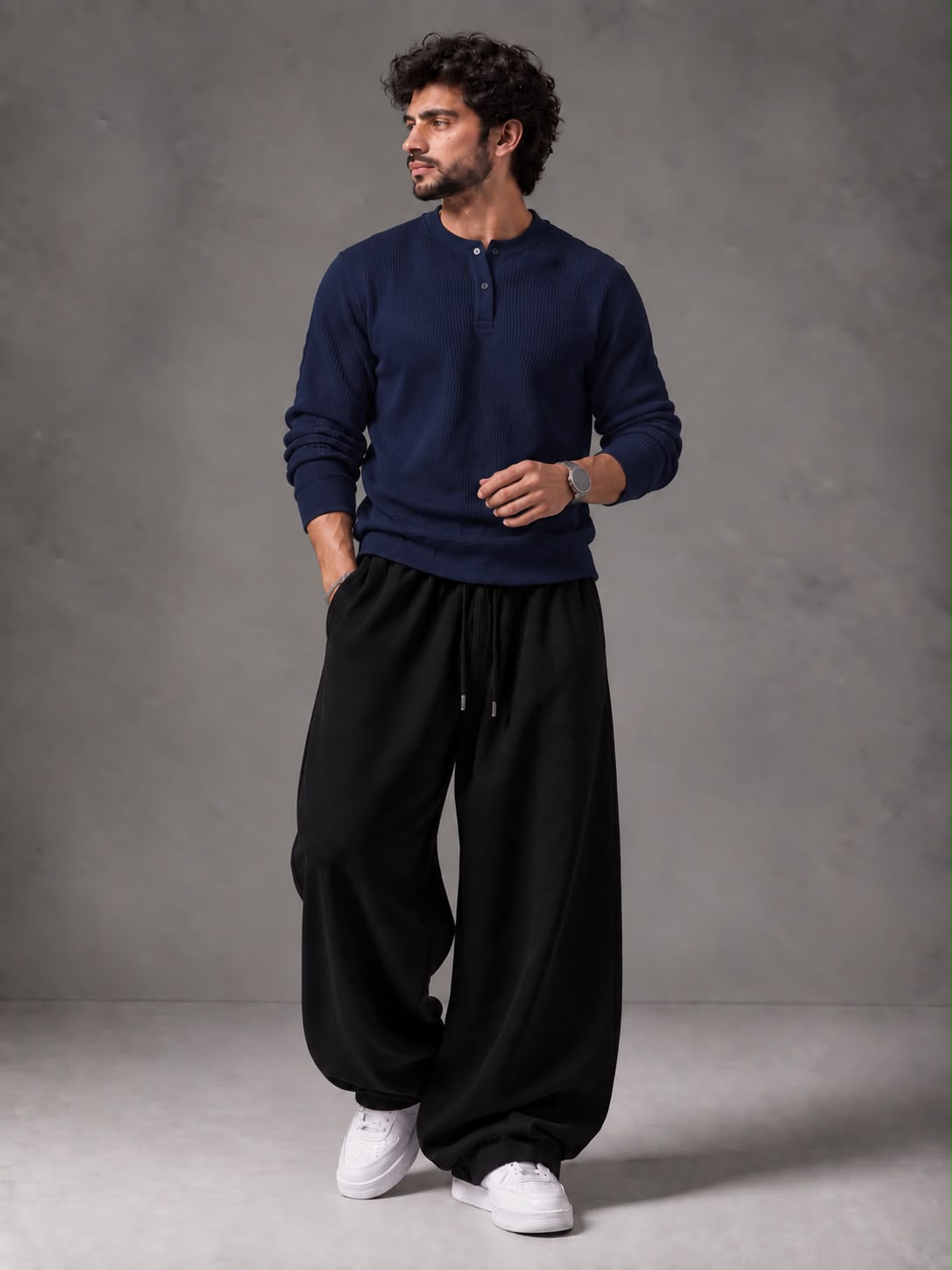 Waffle Knit Full Sleeves Henley & Baggy Trouser