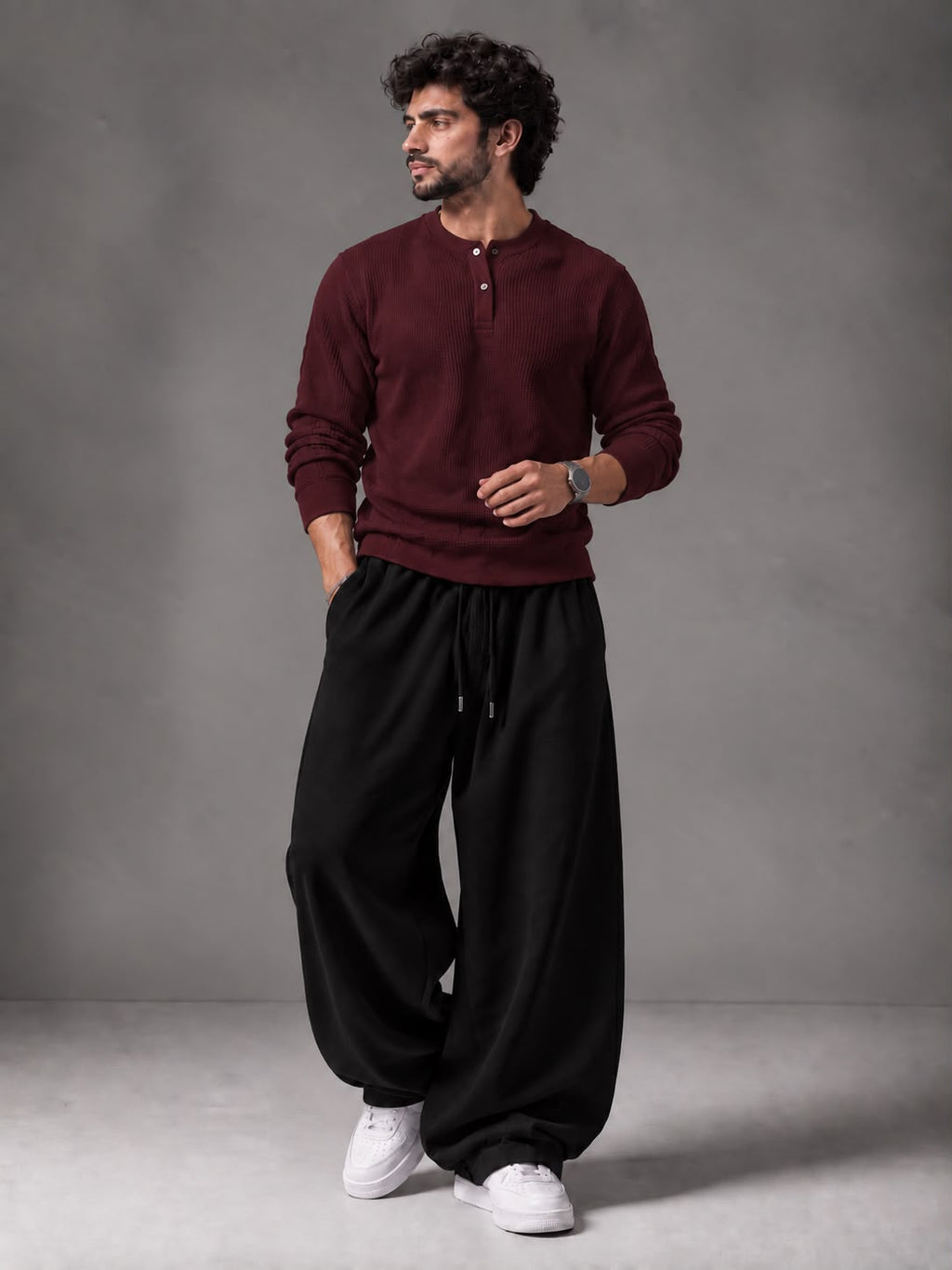 Waffle Knit Full Sleeves Henley & Baggy Trouser