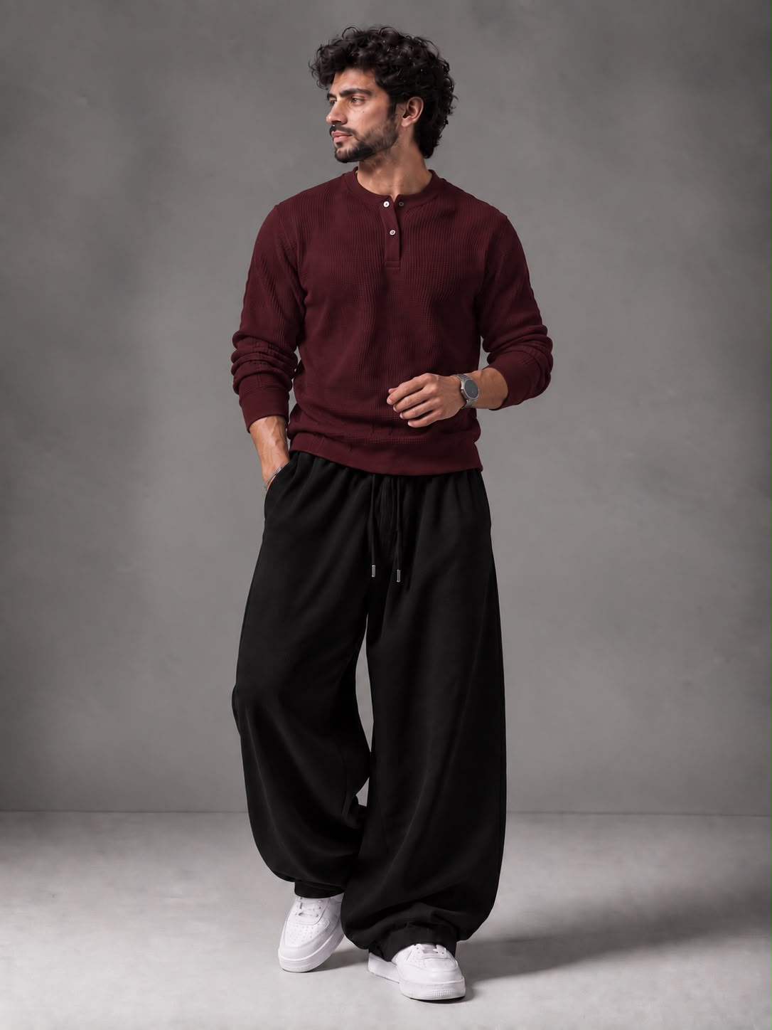 Waffle Knit Full Sleeves Henley & Baggy Trouser