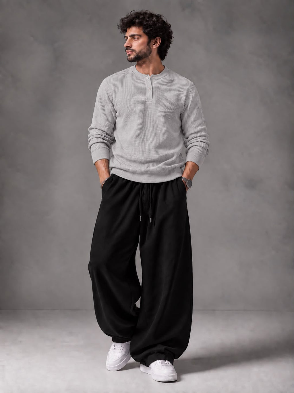 Waffle Knit Full Sleeves Henley & Baggy Trouser