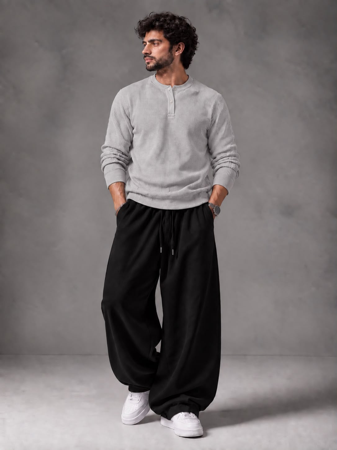 Waffle Knit Full Sleeves Henley & Baggy Trouser