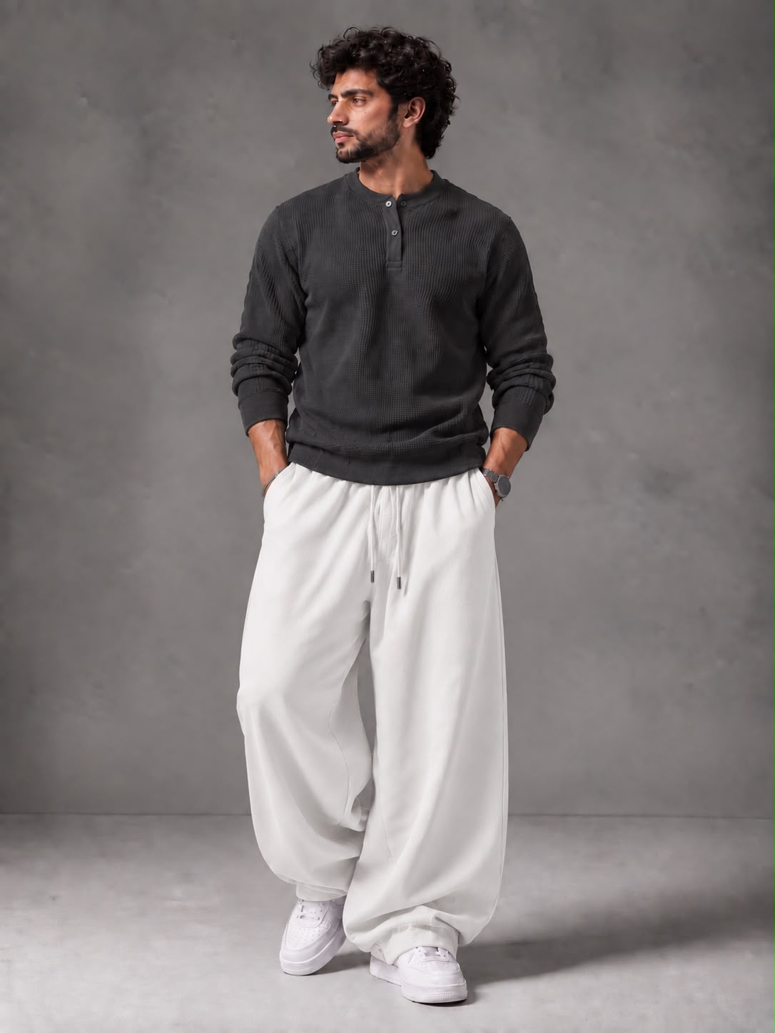 Waffle Knit Full Sleeves Henley & Baggy Trouser