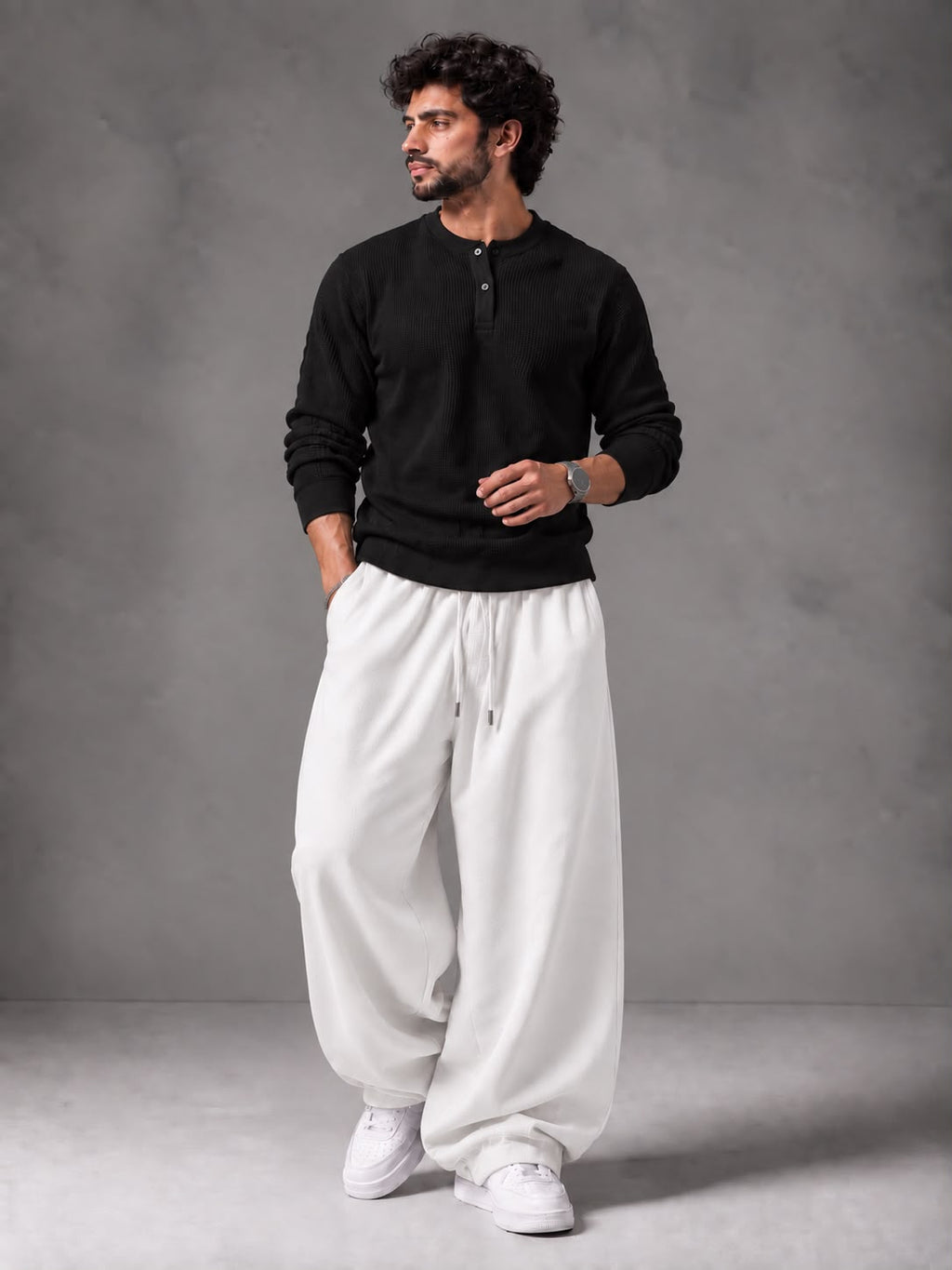 Waffle Knit Full Sleeves Henley & Baggy Trouser