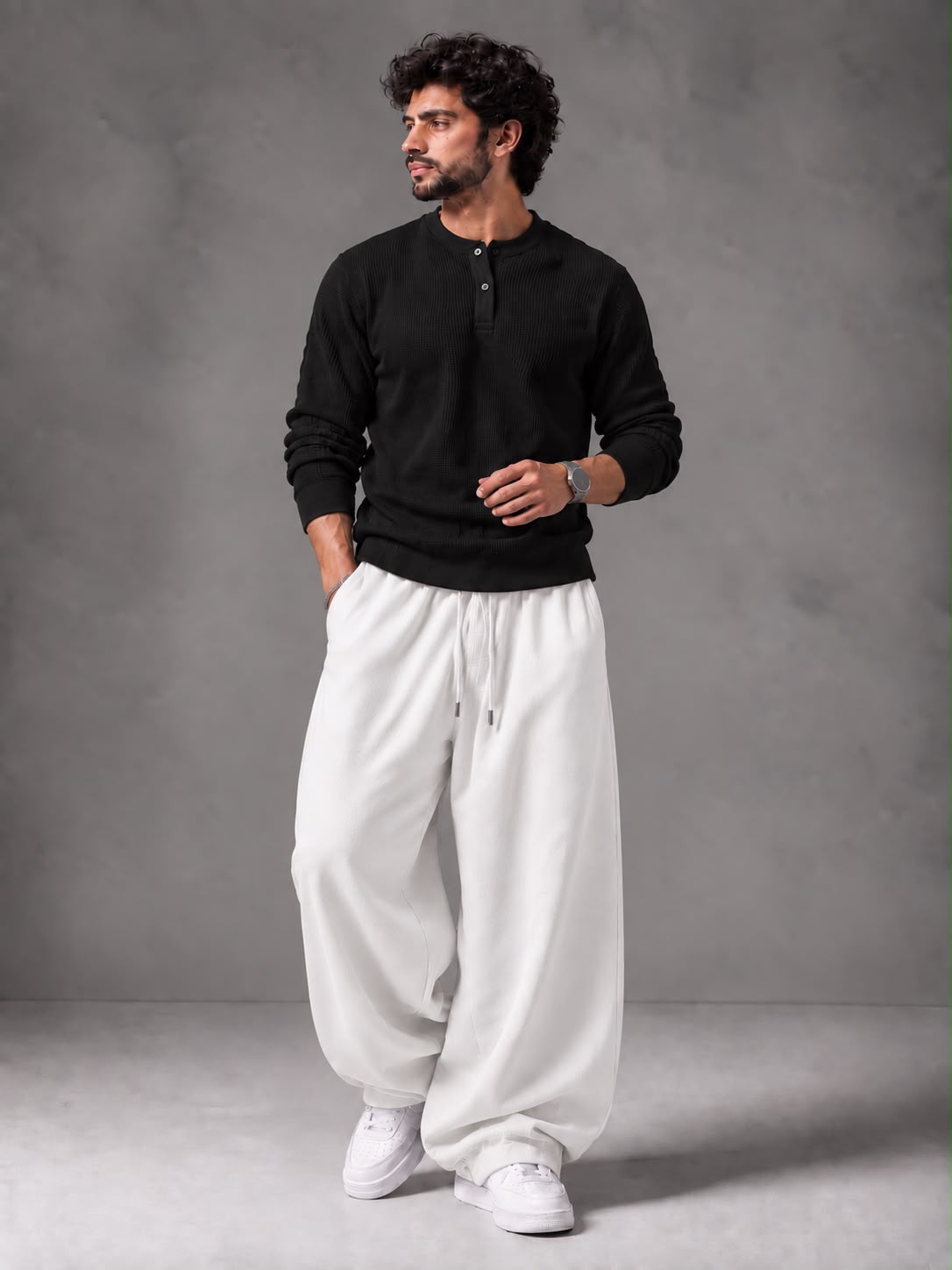 Waffle Knit Full Sleeves Henley & Baggy Trouser