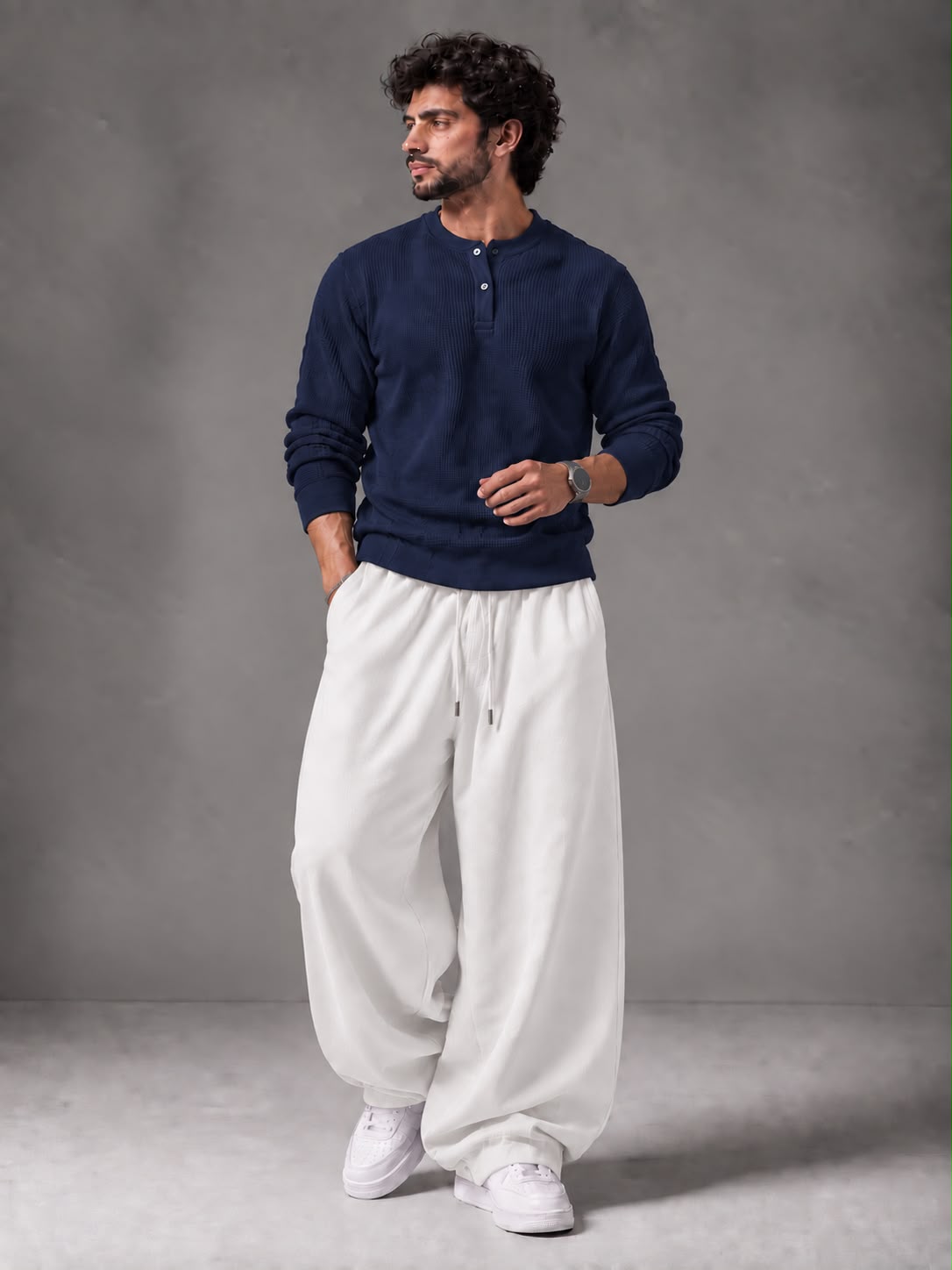 Waffle Knit Full Sleeves Henley & Baggy Trouser