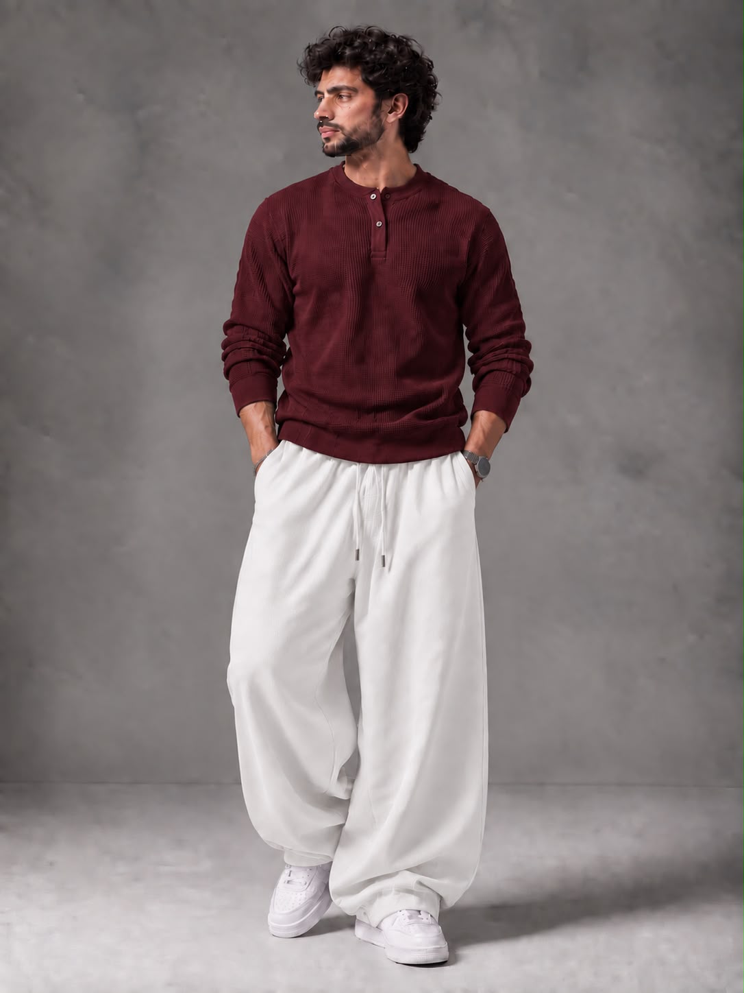 Waffle Knit Full Sleeves Henley & Baggy Trouser