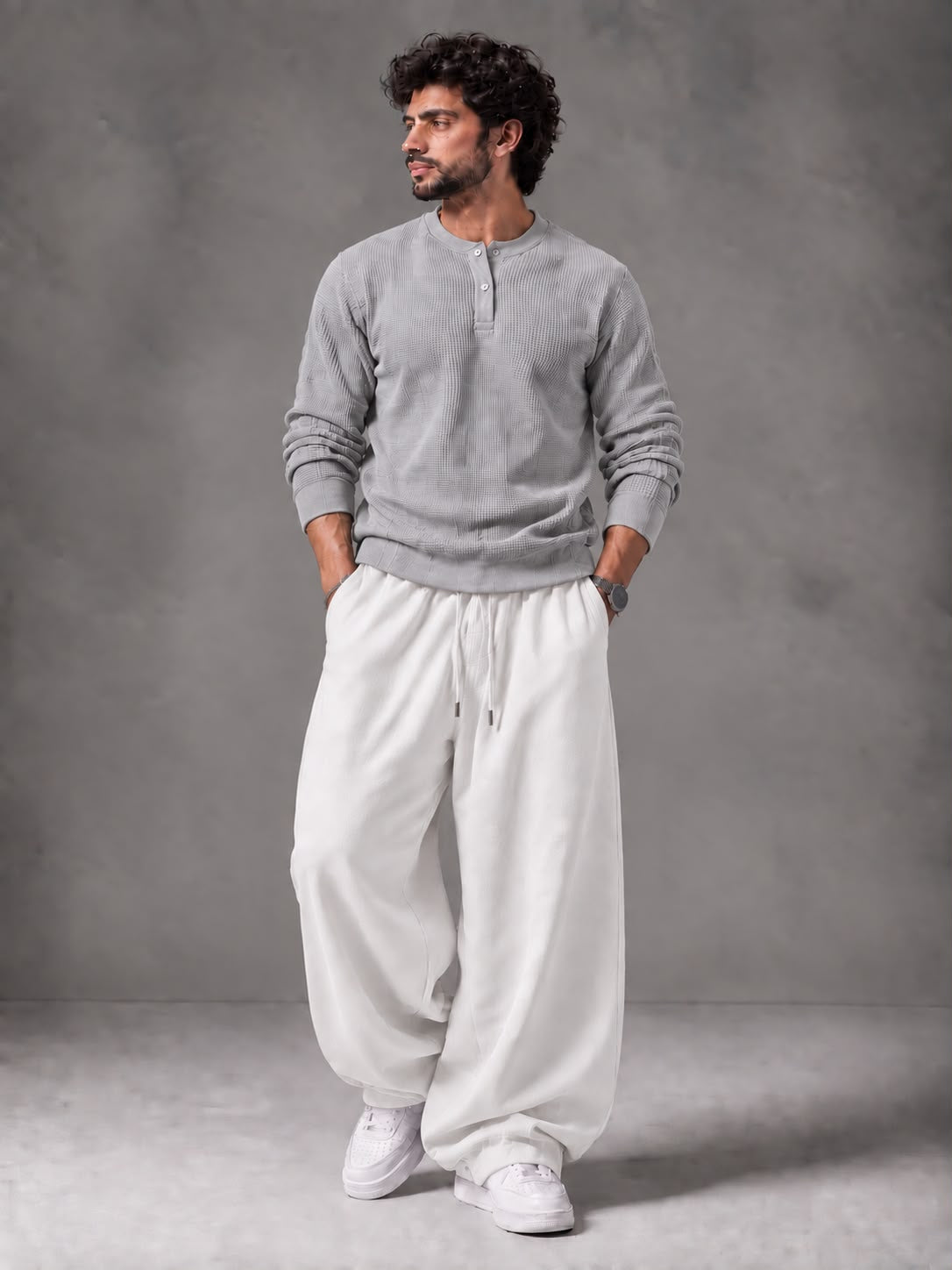 Waffle Knit Full Sleeves Henley & Baggy Trouser
