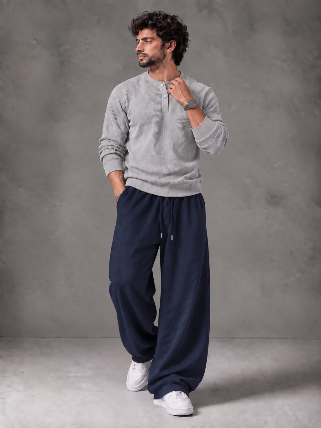 Waffle Knit Full Sleeves Henley & Baggy Trouser