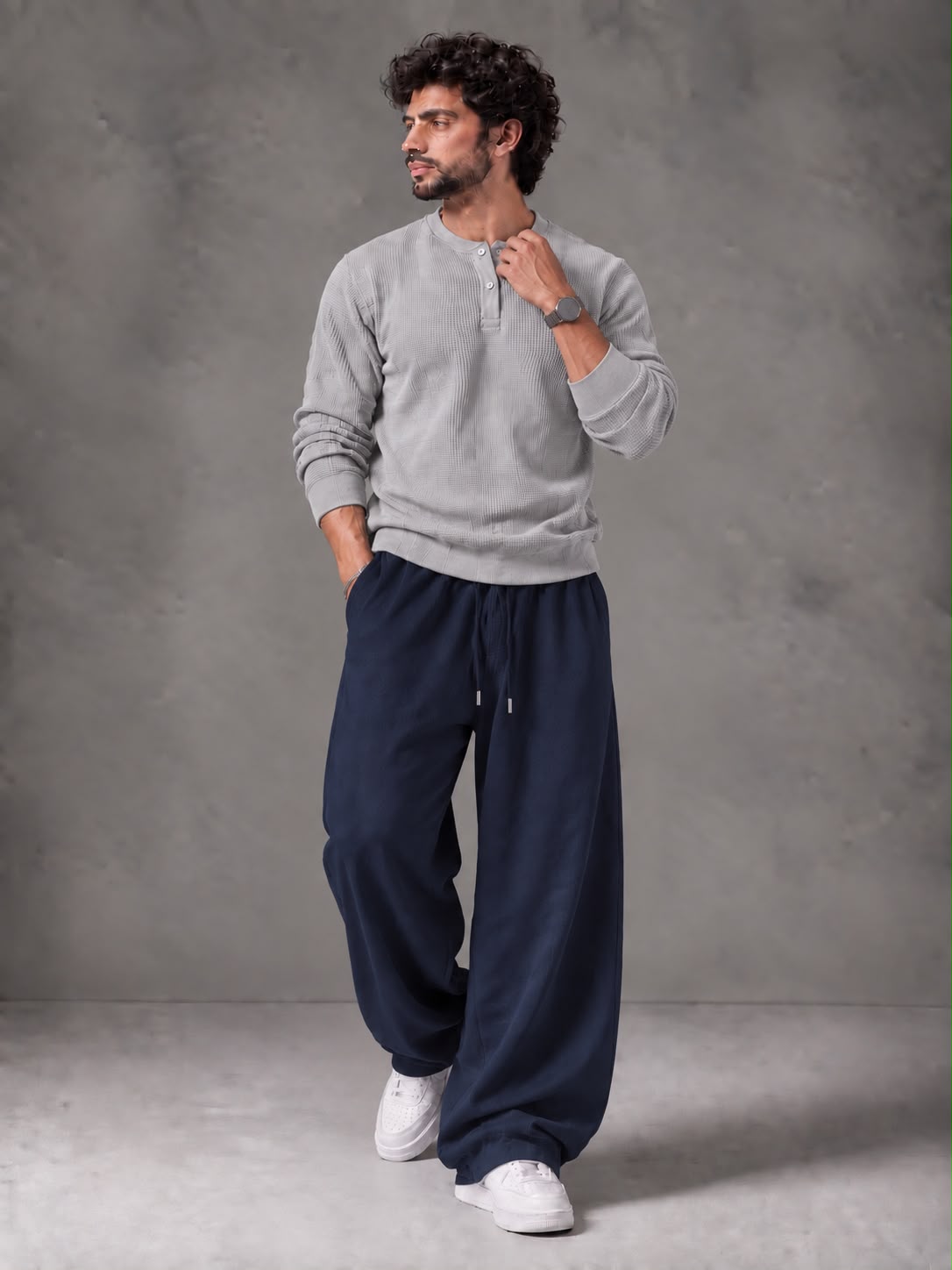 Waffle Knit Full Sleeves Henley & Baggy Trouser