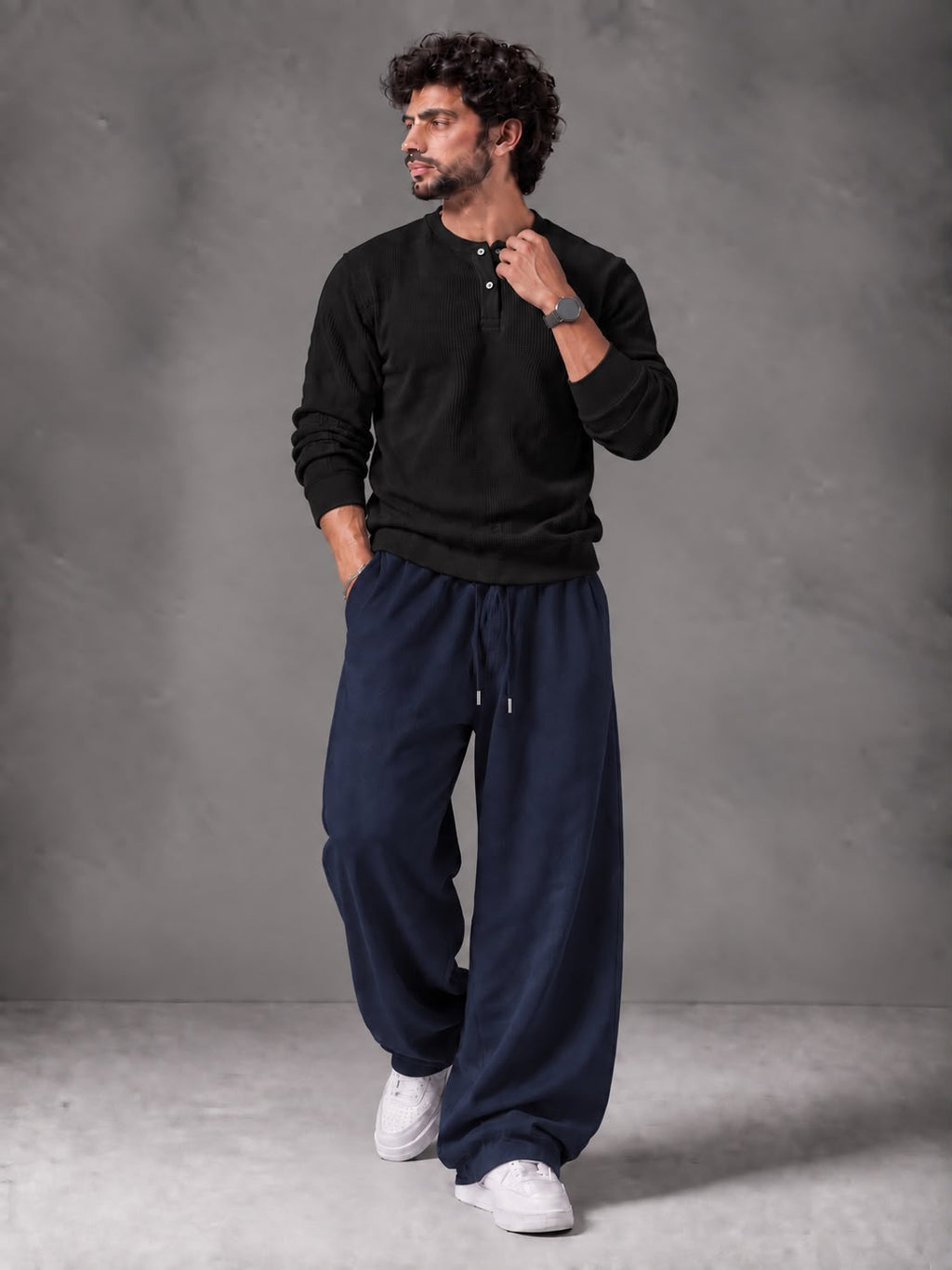 Waffle Knit Full Sleeves Henley & Baggy Trouser