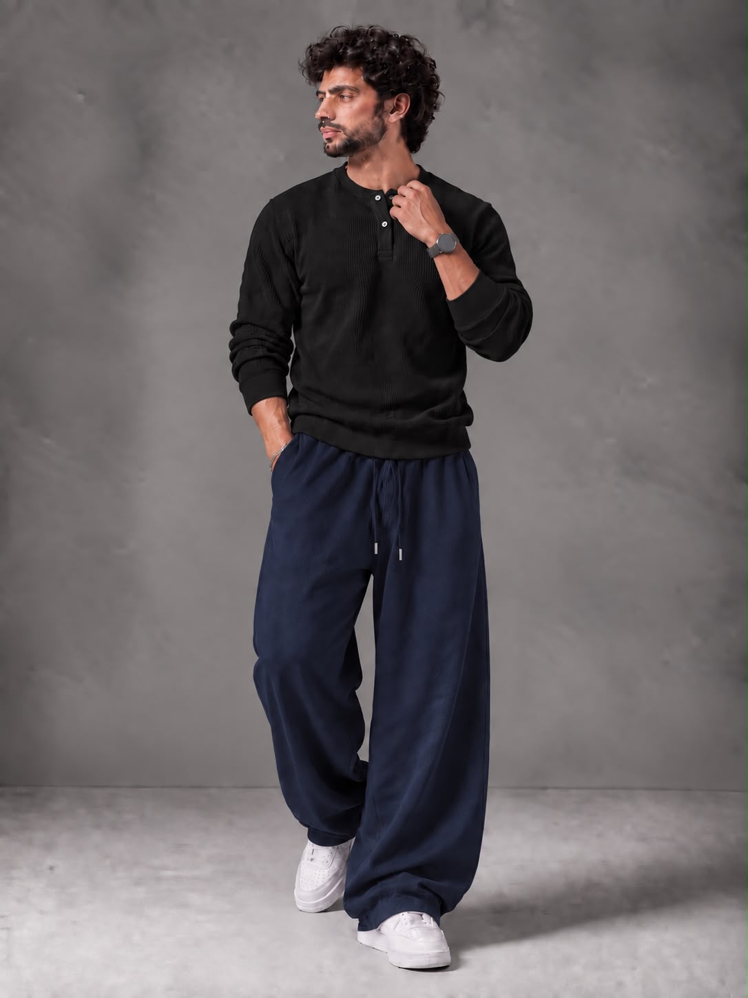 Waffle Knit Full Sleeves Henley & Baggy Trouser