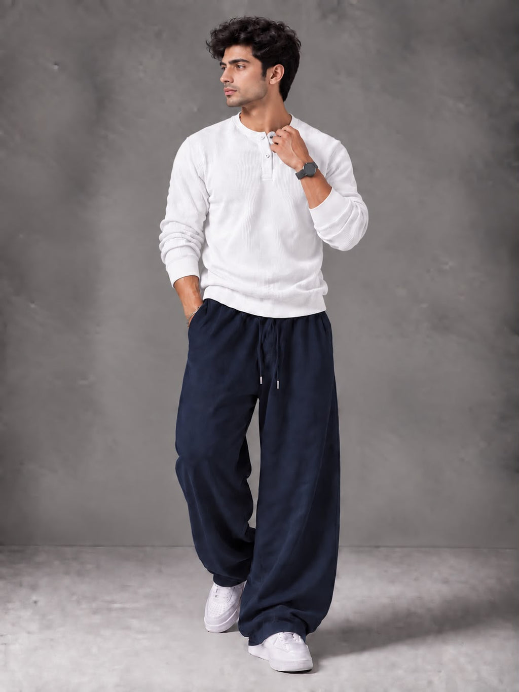 Waffle Knit Full Sleeves Henley & Baggy Trouser