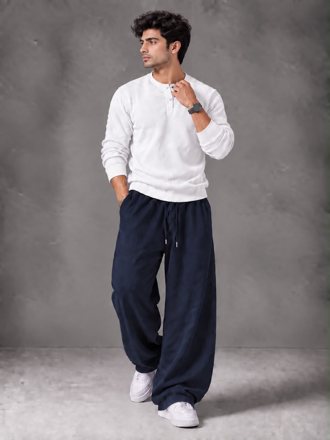 Waffle Knit Full Sleeves Henley & Baggy Trouser