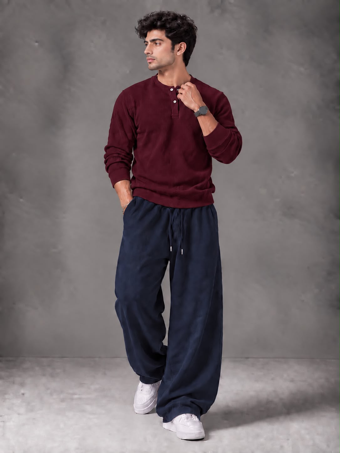 Waffle Knit Full Sleeves Henley & Baggy Trouser