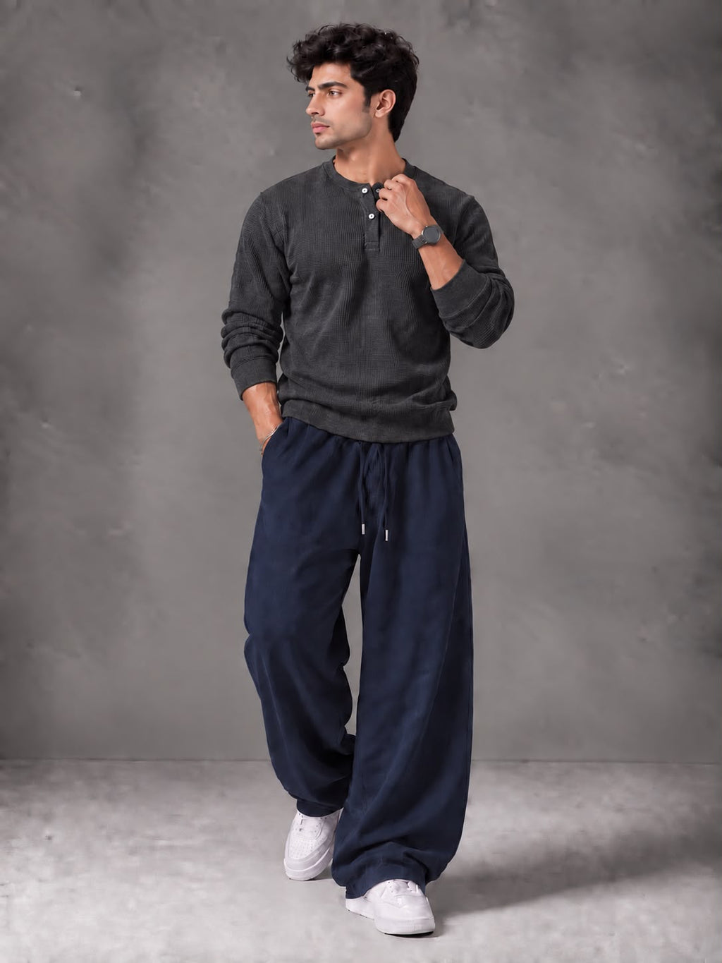 Waffle Knit Full Sleeves Henley & Baggy Trouser