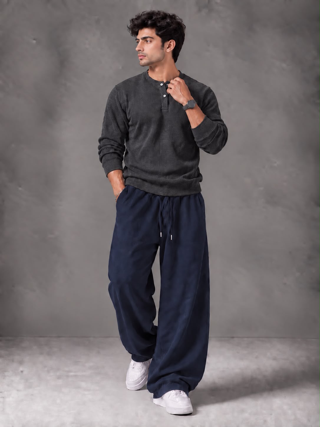 Waffle Knit Full Sleeves Henley & Baggy Trouser