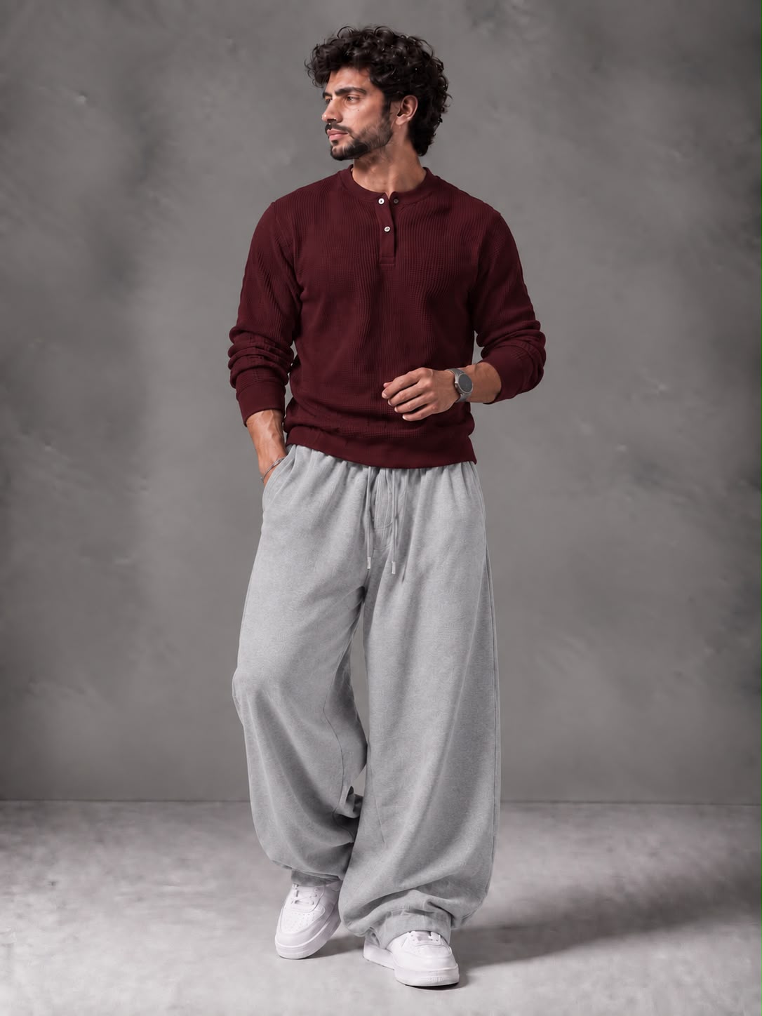 Waffle Knit Full Sleeves Henley & Baggy Trouser