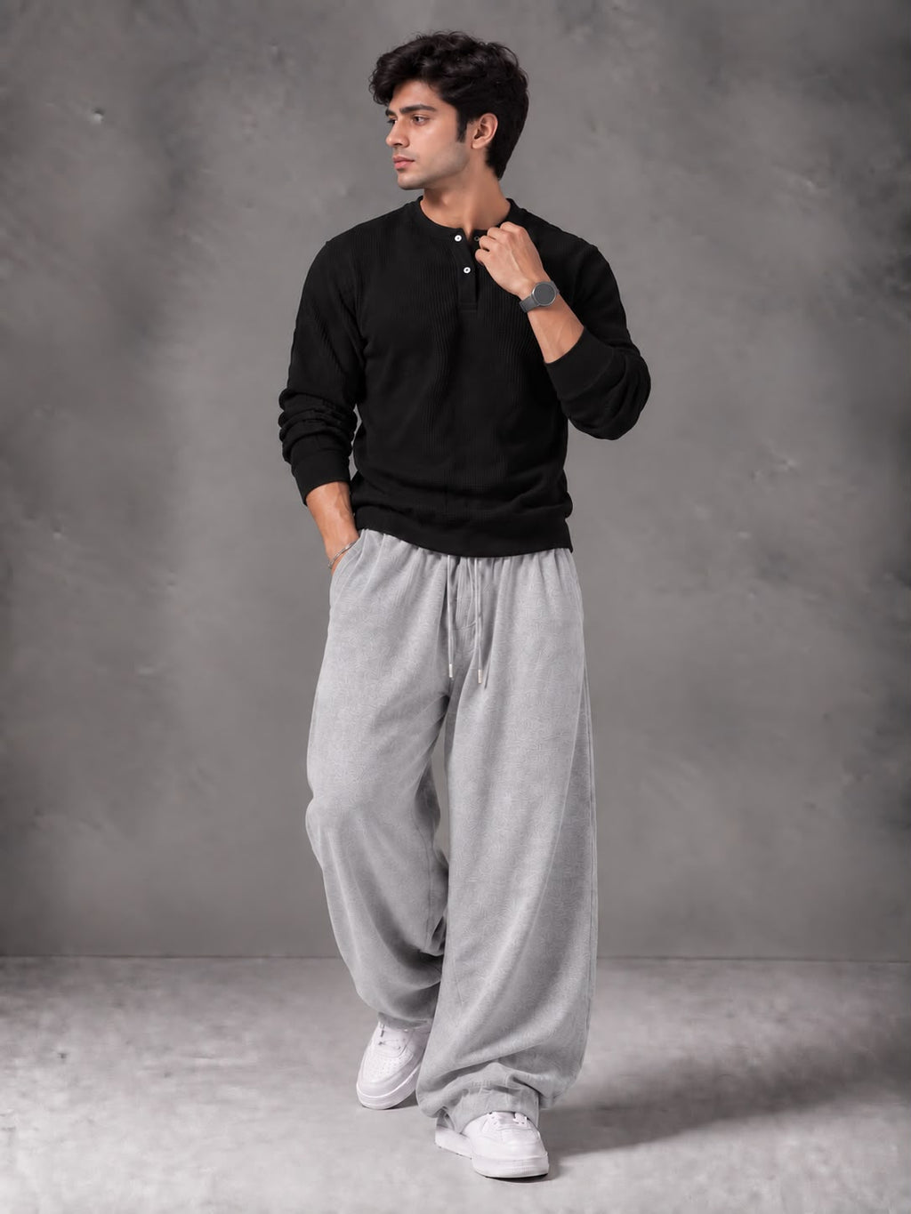 Waffle Knit Full Sleeves Henley & Baggy Trouser