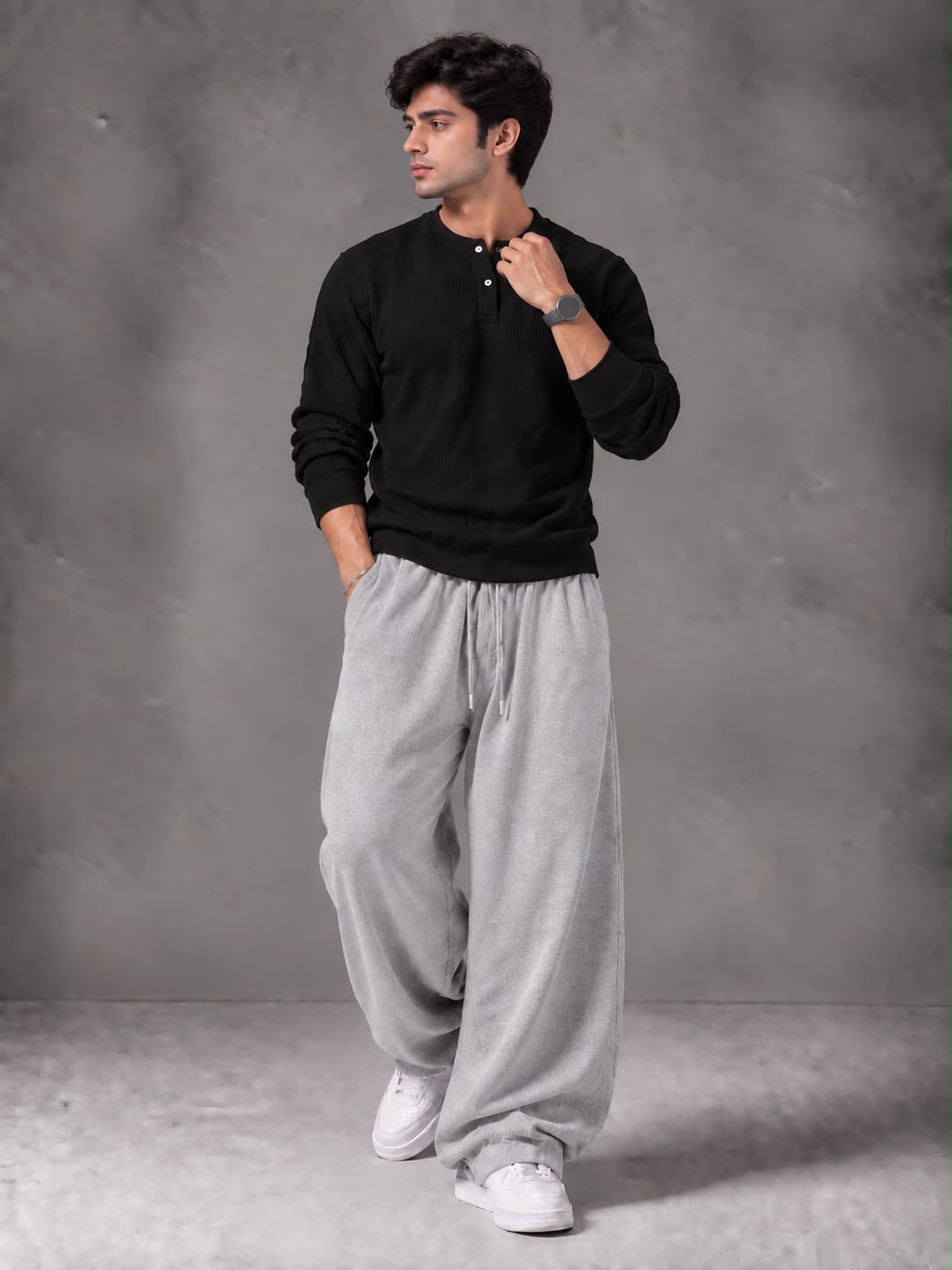 Waffle Knit Full Sleeves Henley & Baggy Trouser