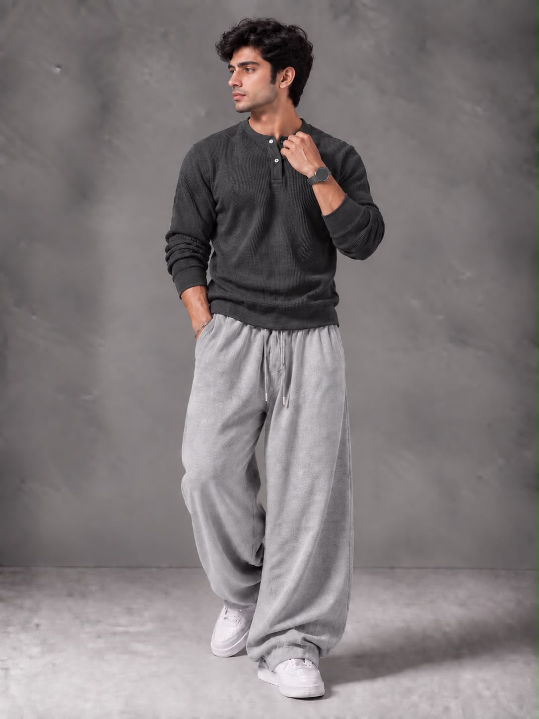 Waffle Knit Full Sleeves Henley & Baggy Trouser