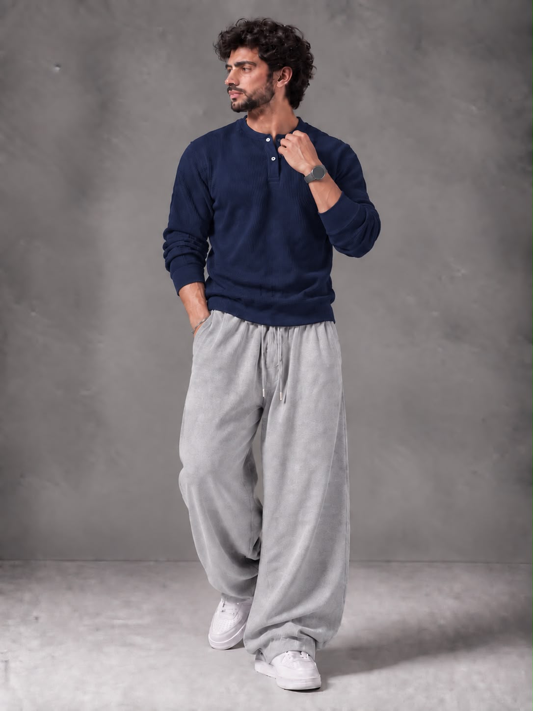 Waffle Knit Full Sleeves Henley & Baggy Trouser
