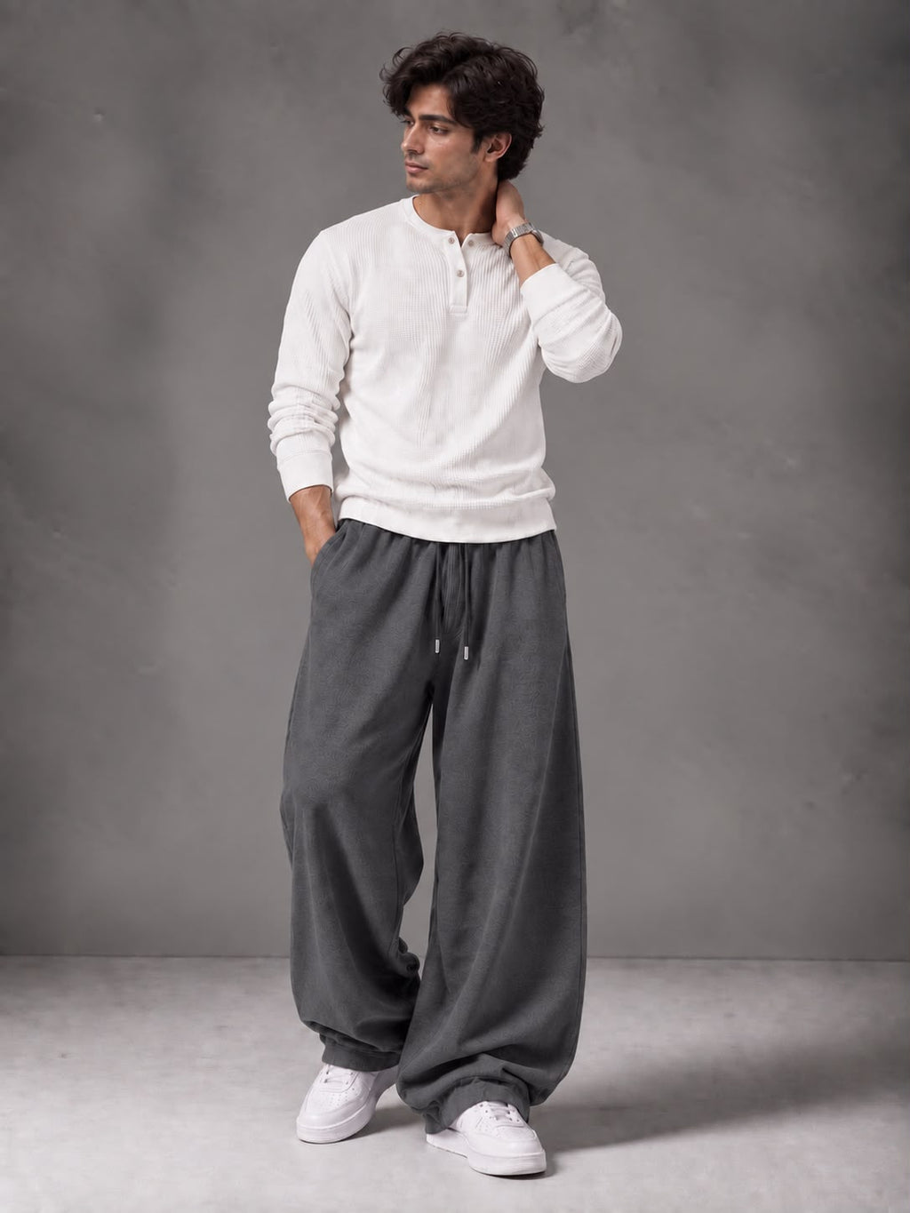 Waffle Knit Full Sleeves Henley & Baggy Trouser