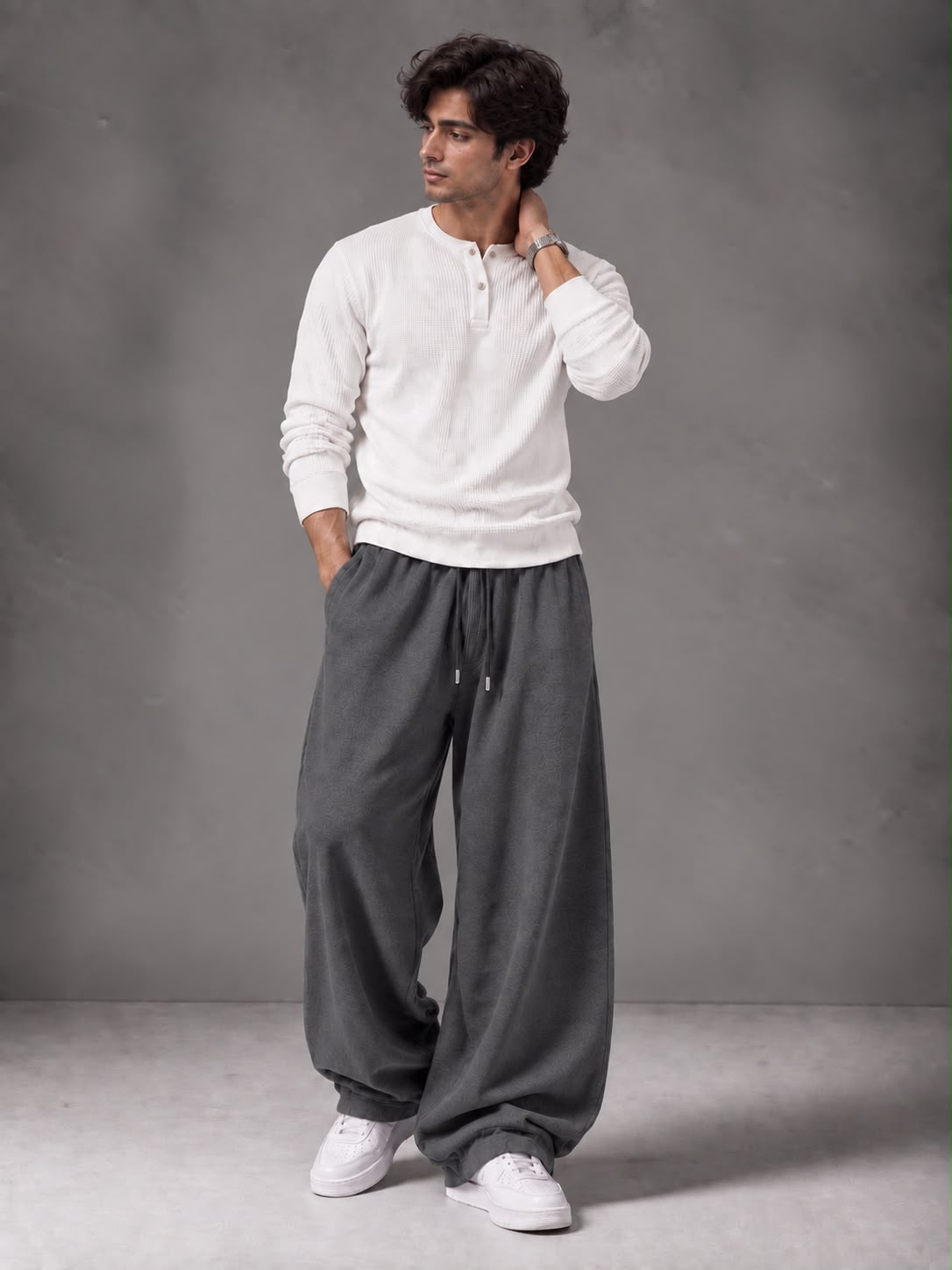 Waffle Knit Full Sleeves Henley & Baggy Trouser