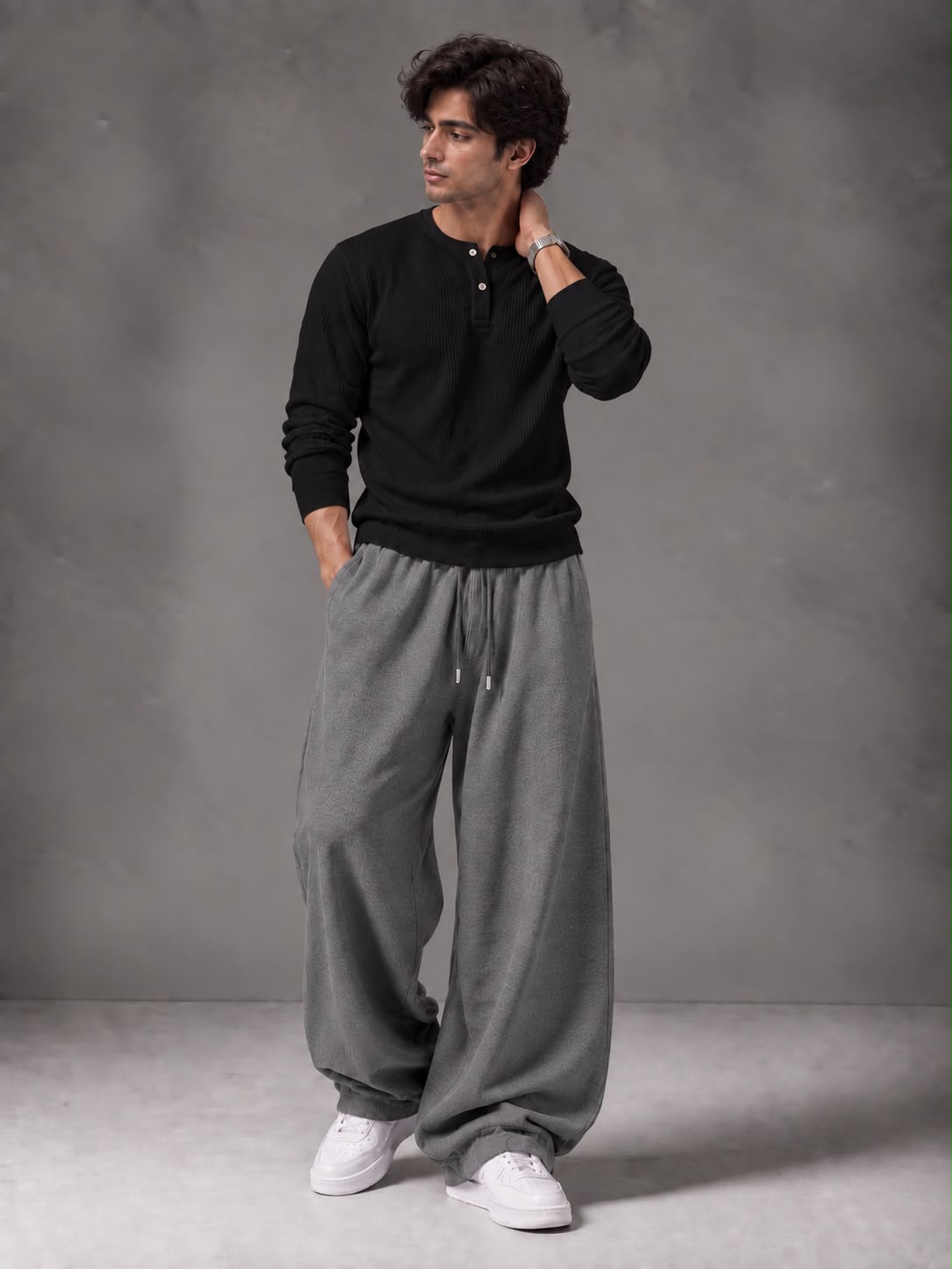 Waffle Knit Full Sleeves Henley & Baggy Trouser