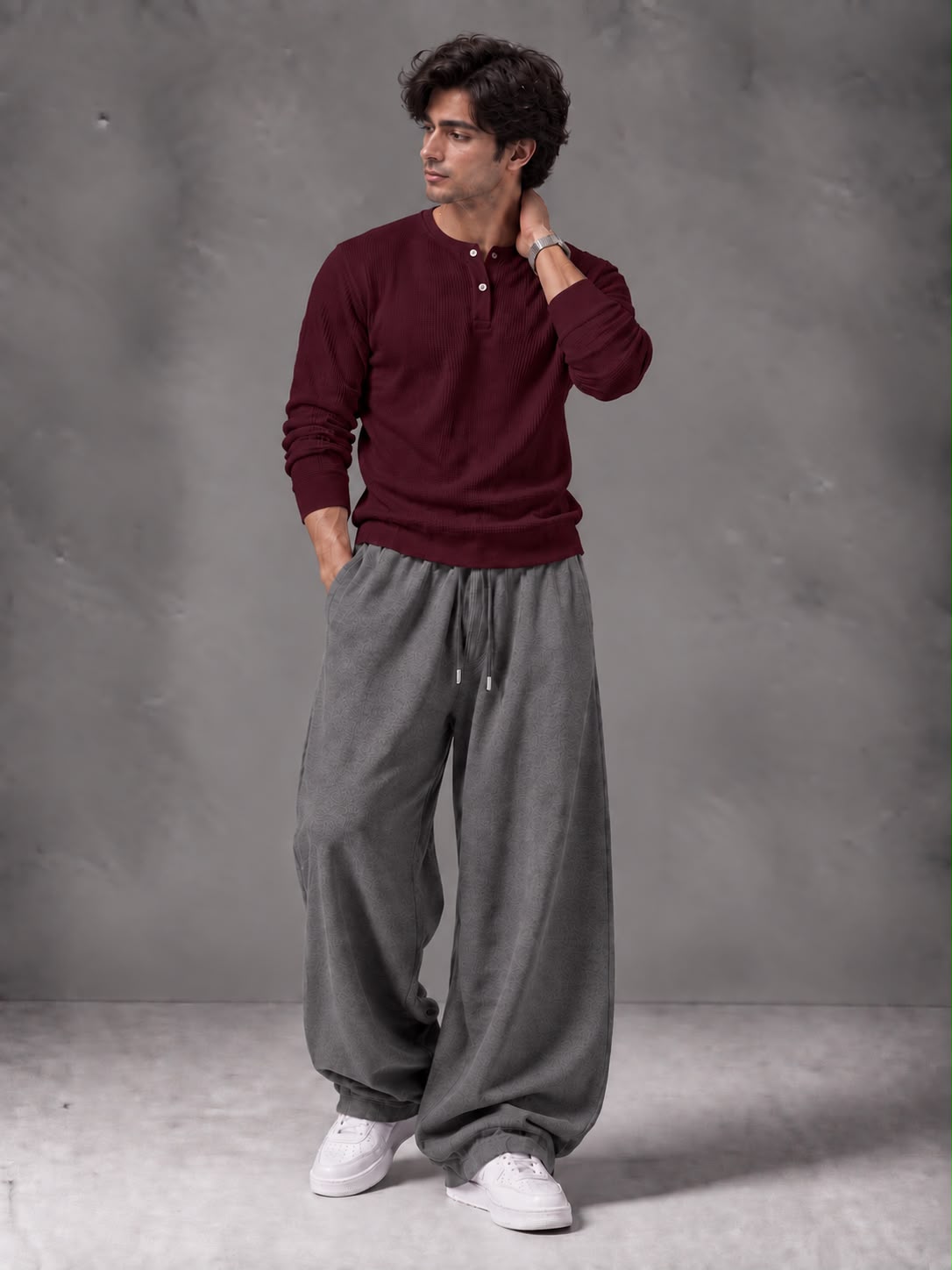 Waffle Knit Full Sleeves Henley & Baggy Trouser
