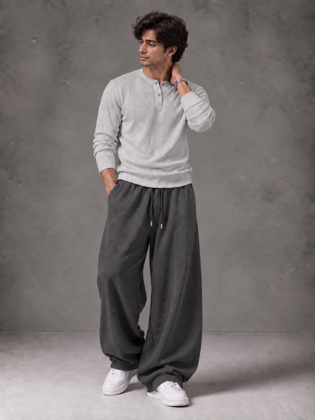 Waffle Knit Full Sleeves Henley & Baggy Trouser