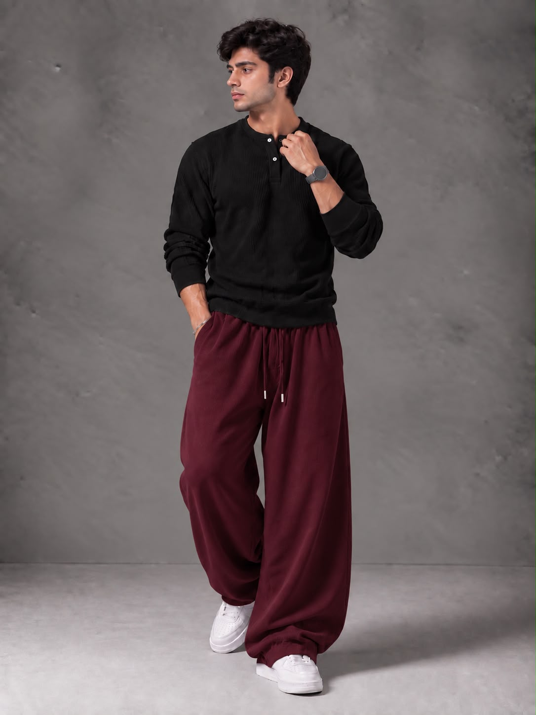 Waffle Knit Full Sleeves Henley & Baggy Trouser