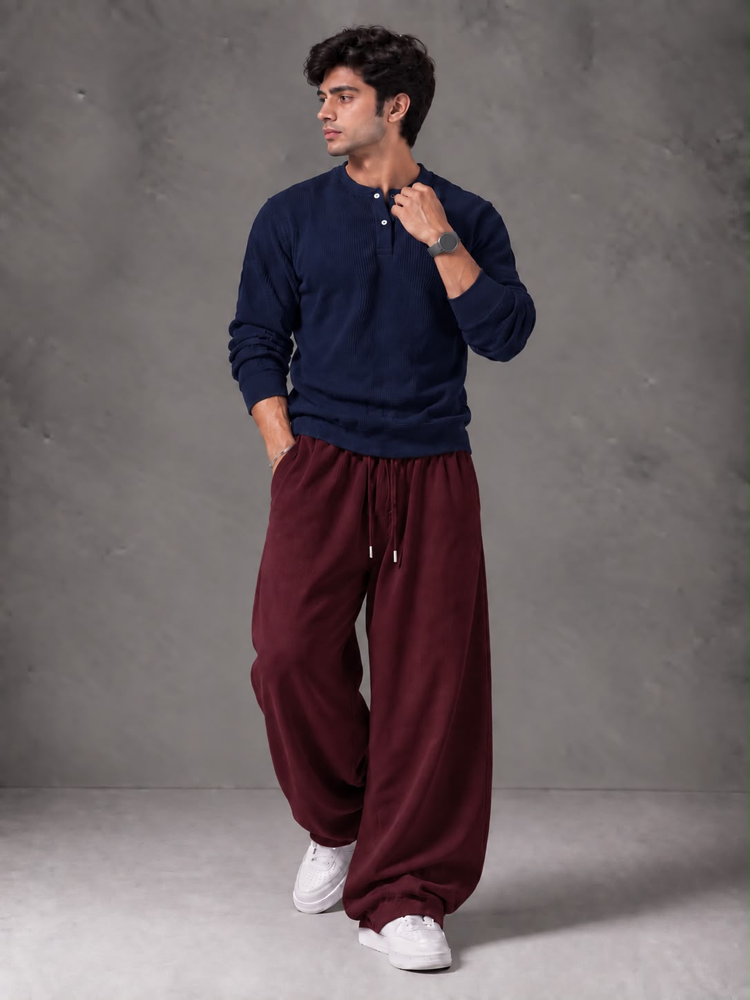 Waffle Knit Full Sleeves Henley & Baggy Trouser