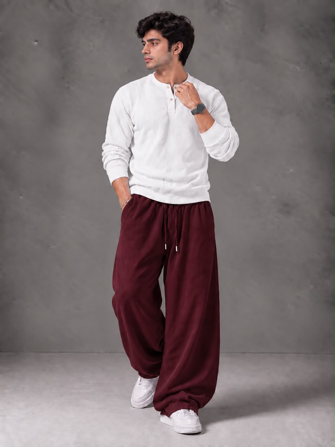 Waffle Knit Full Sleeves Henley & Baggy Trouser