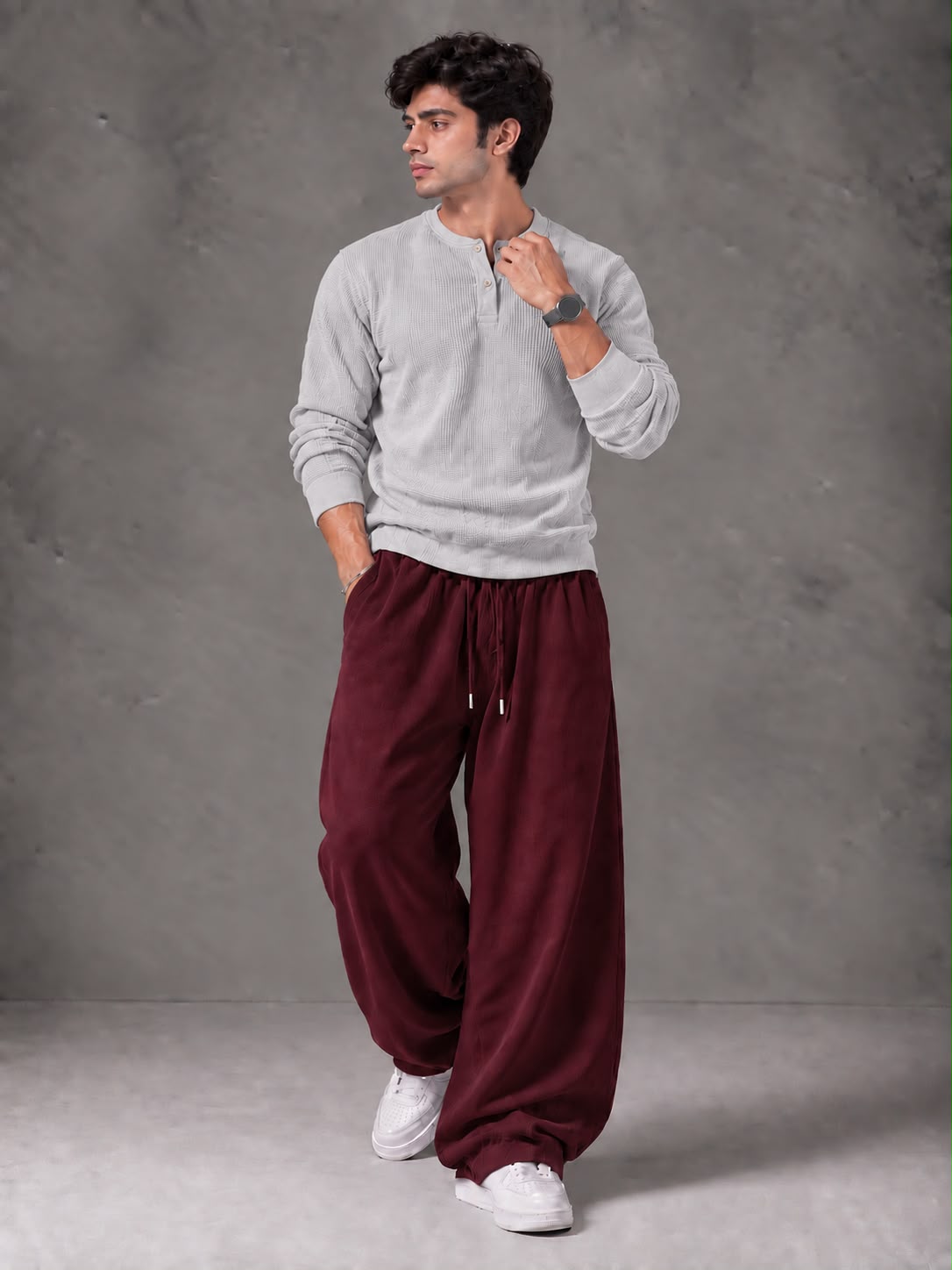 Waffle Knit Full Sleeves Henley & Baggy Trouser