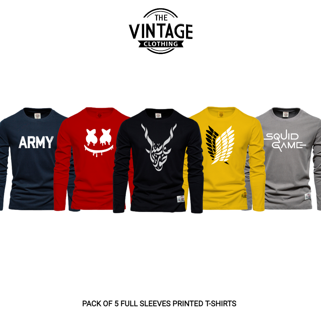 Pack of 5 Round Neck Full Sleeves Printed T-shirts