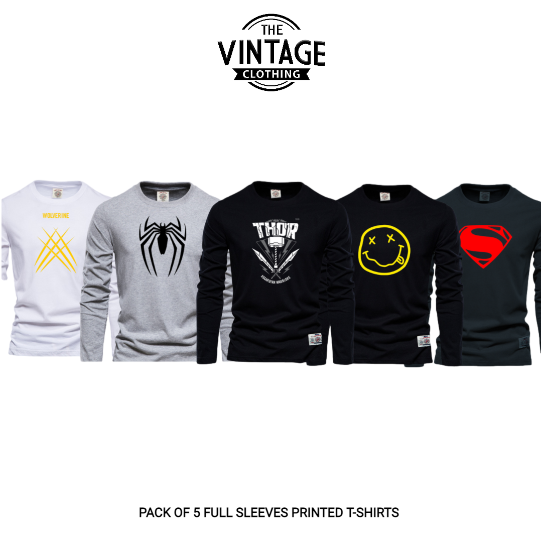 Pack of 5 Round Neck Full Sleeves Printed T-shirts
